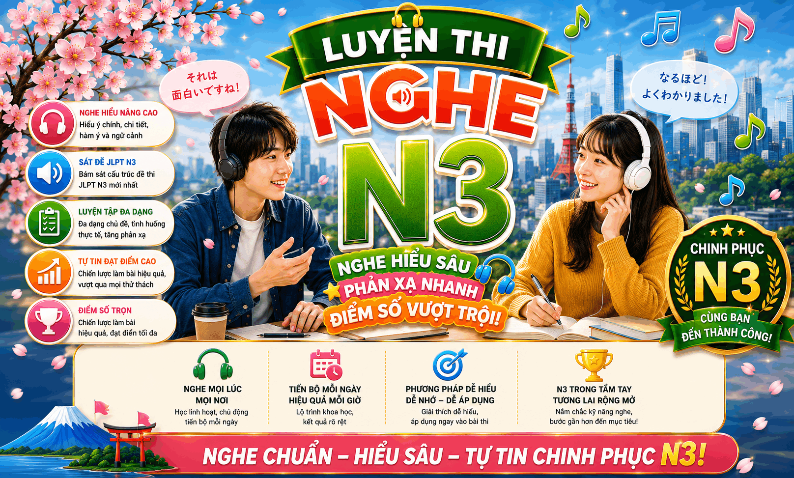 Luyện kỹ năng Nghe N3