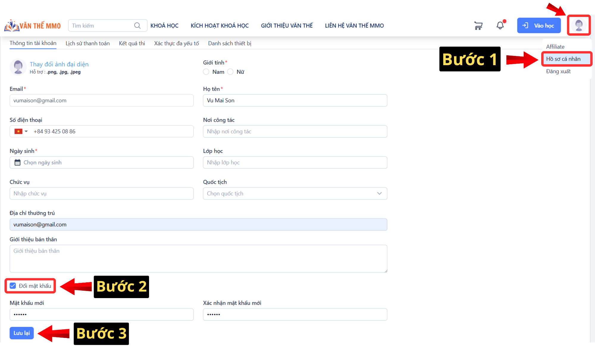 Bước 2: Vào hồ sơ cá nhân và đổi mật khẩu