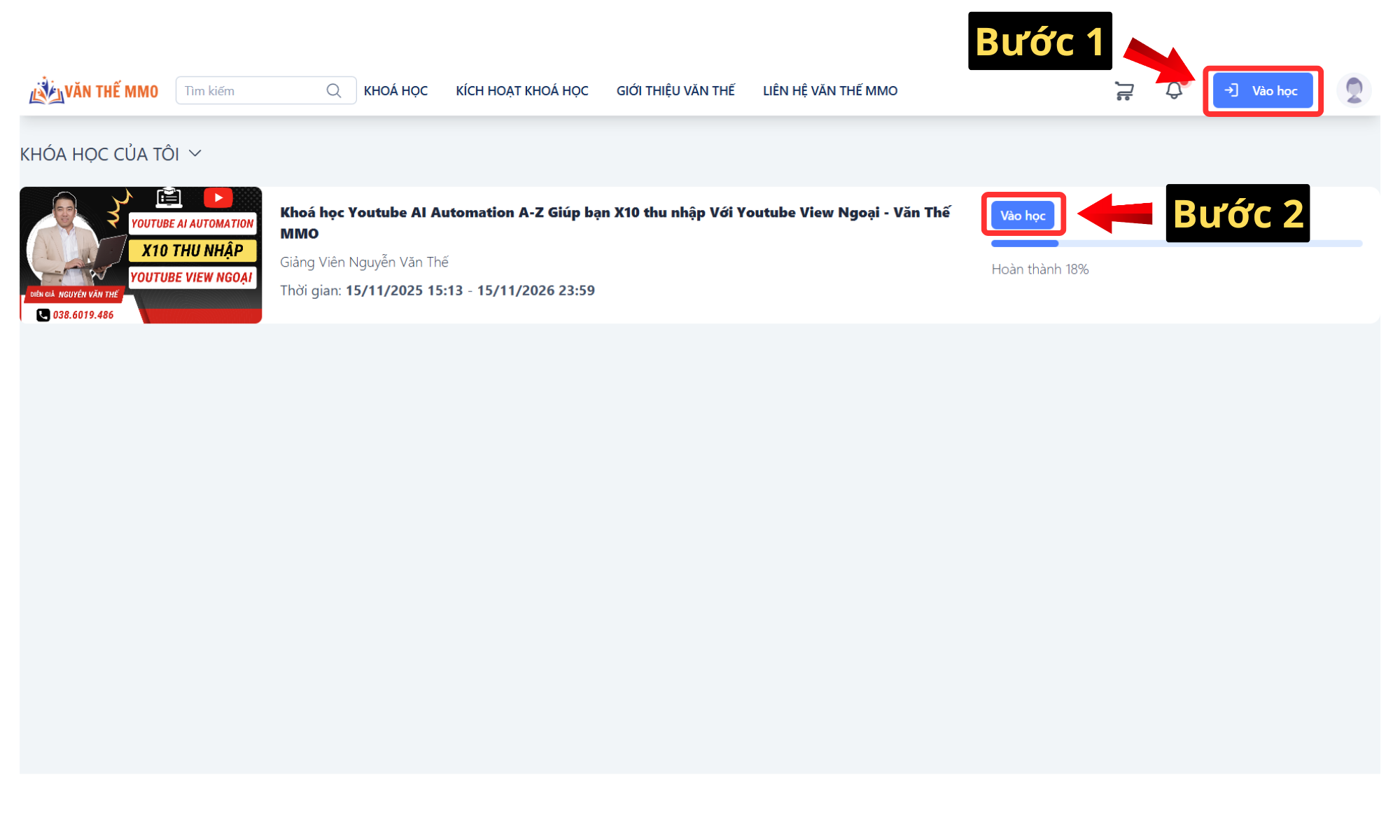 Bước 3: Vào mục Khóa học và bấm Vào học