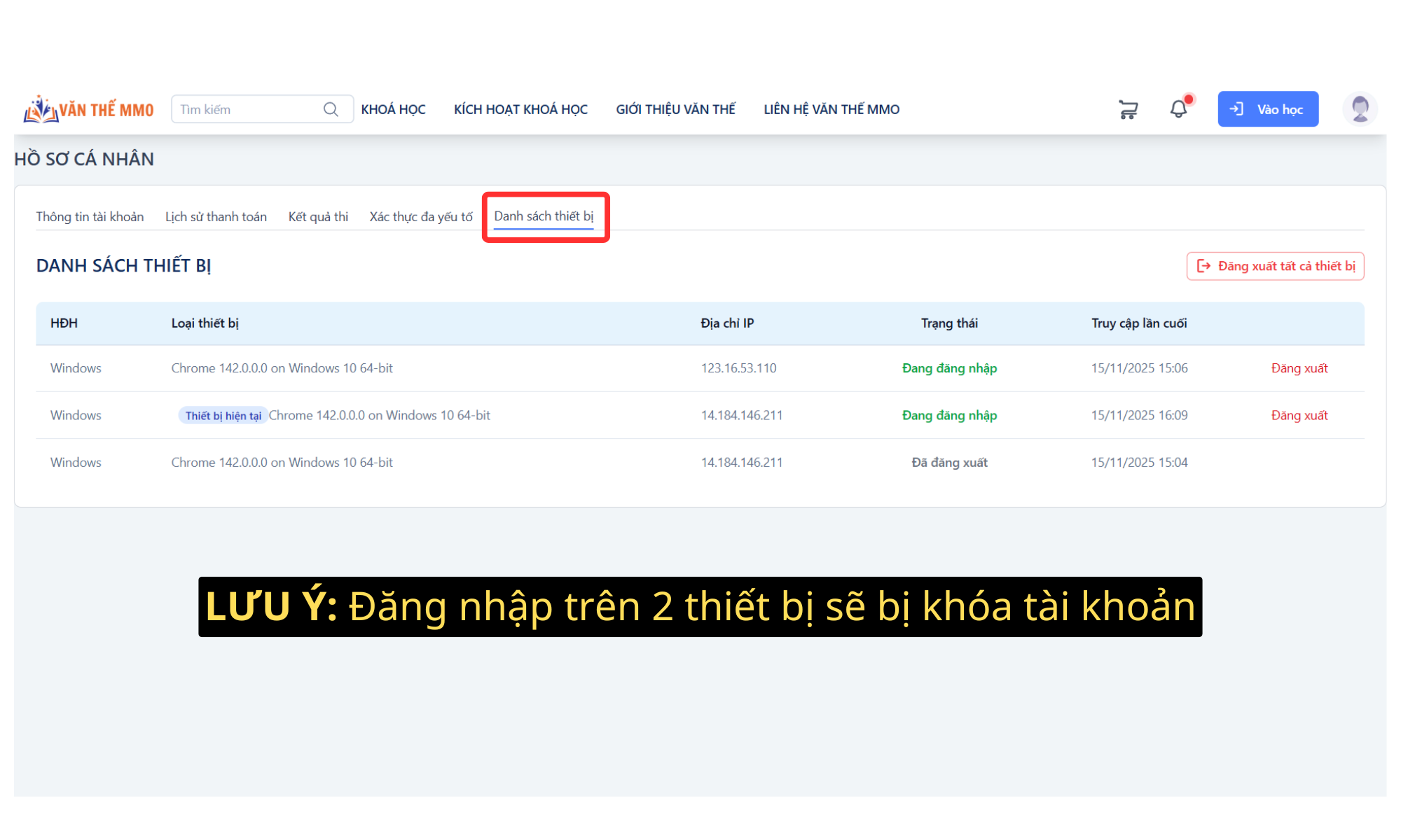 Bước 4: Danh sách thiết bị và lưu ý bảo mật