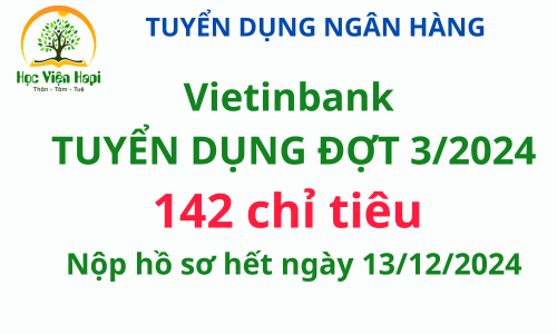 Vietinbank CHÍNH THỨC TUYỂN DỤNG ĐỢT 3/2024. Số lượng: 142 chỉ tiêu. Thời hạn nộp hồ sơ đến hết ngày 13/12/2024