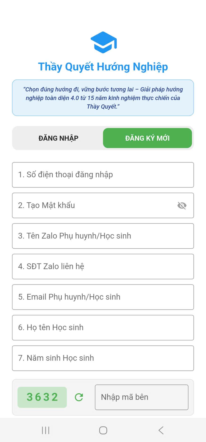 Màn hình Đăng ký mới trên App Thầy Quyết Hướng Nghiệp