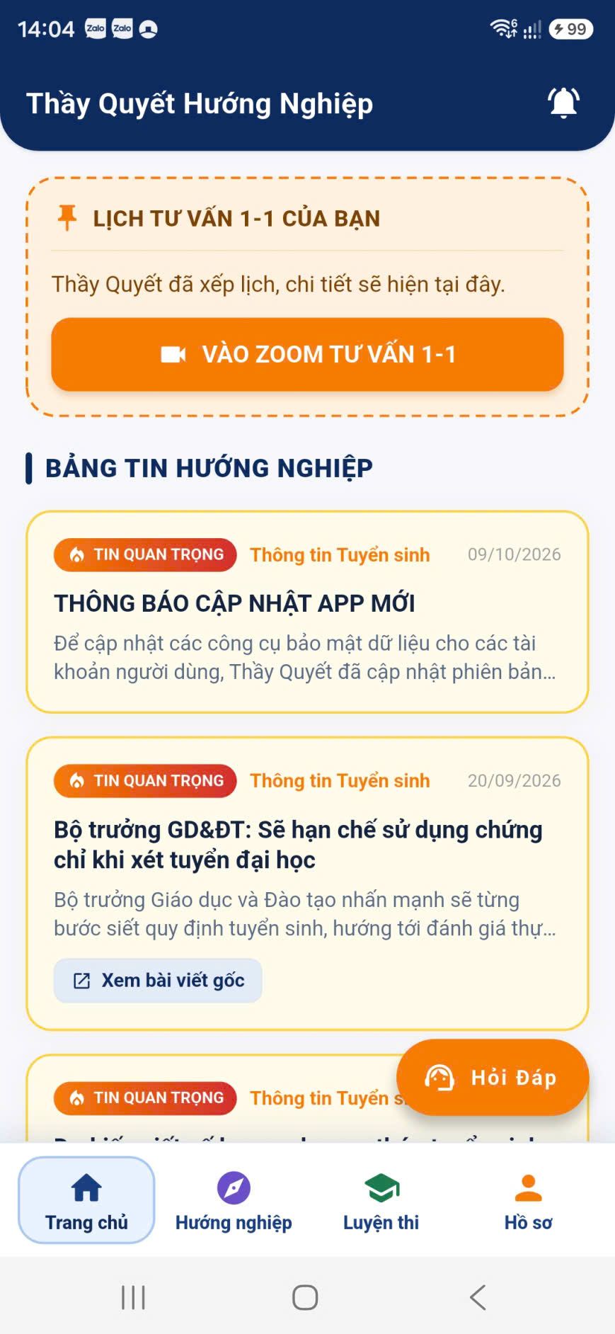 Trang chủ với Bảng tin Hướng nghiệp