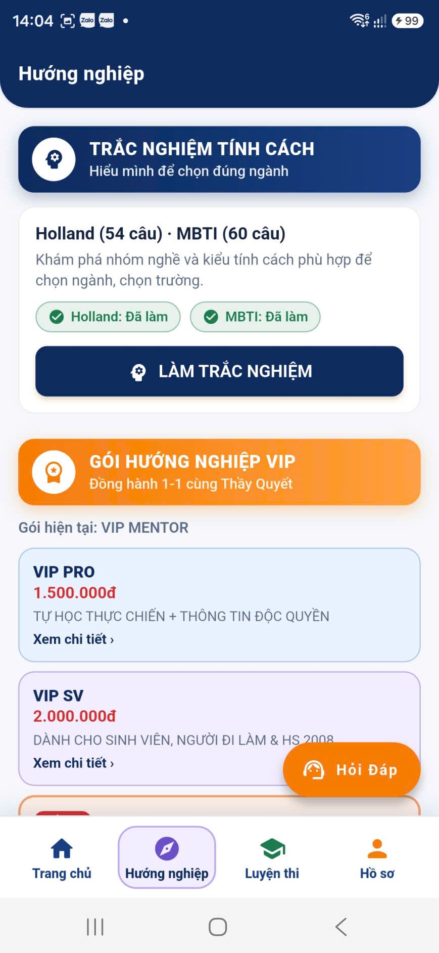 Khối Trắc nghiệm tính cách trong tab Hướng nghiệp