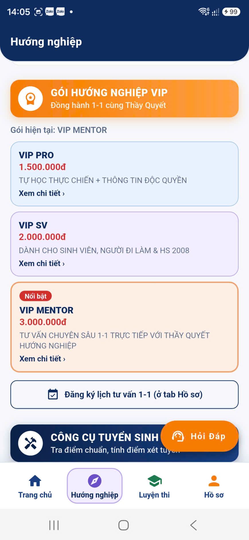 Ba gói Hướng nghiệp VIP trong tab Hướng nghiệp