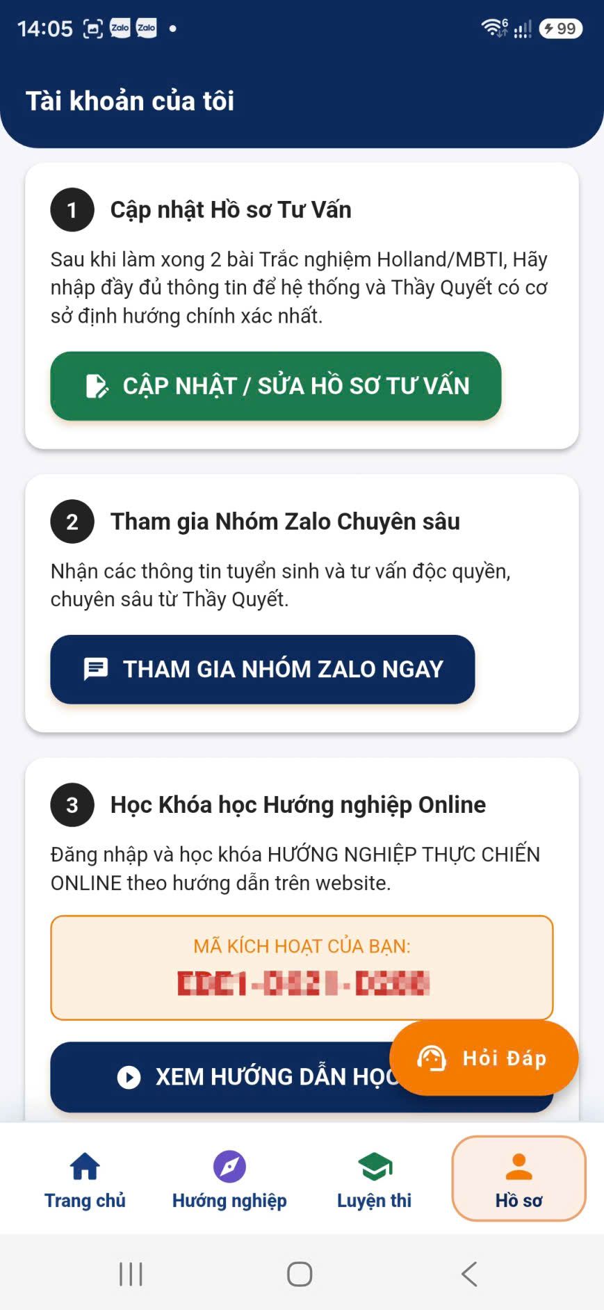 Tab Hồ sơ với các nhiệm vụ