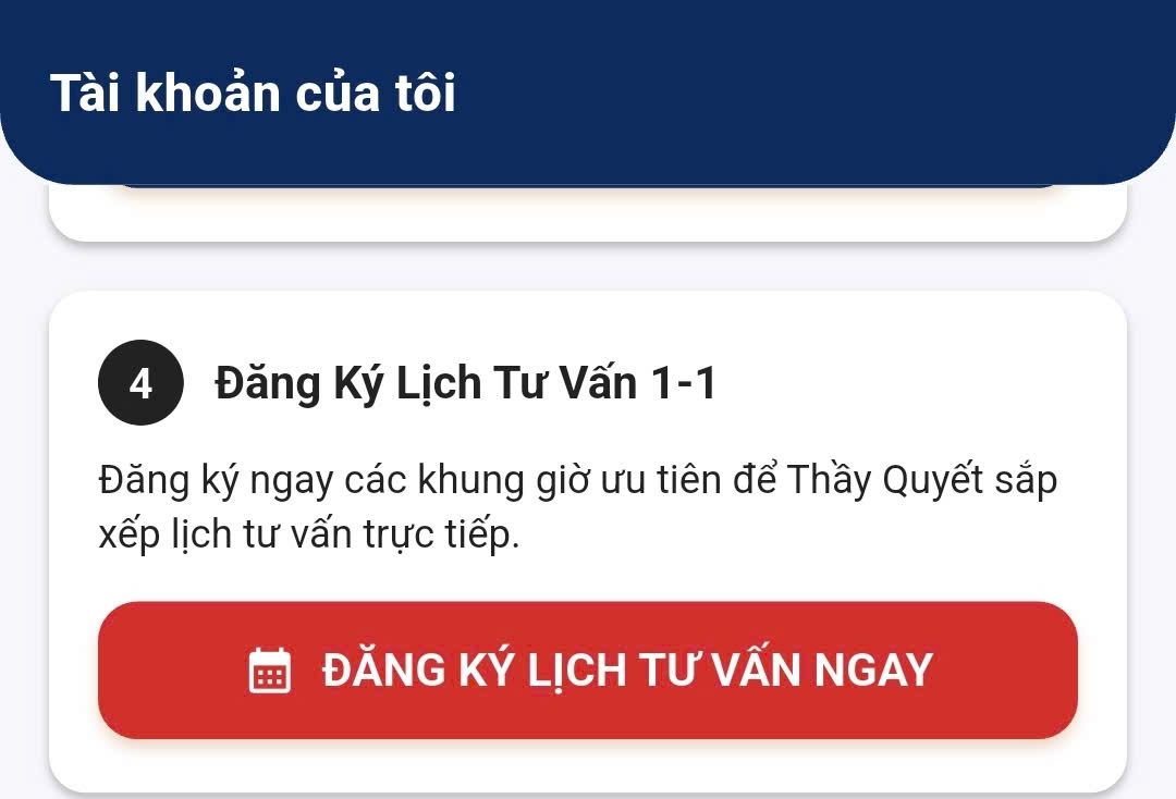 Mục Đăng ký lịch tư vấn 1-1 trong tab Hồ sơ