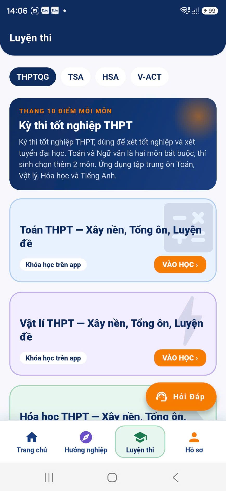 Tab Luyện thi với các khóa Toán, Vật lí, Hóa học