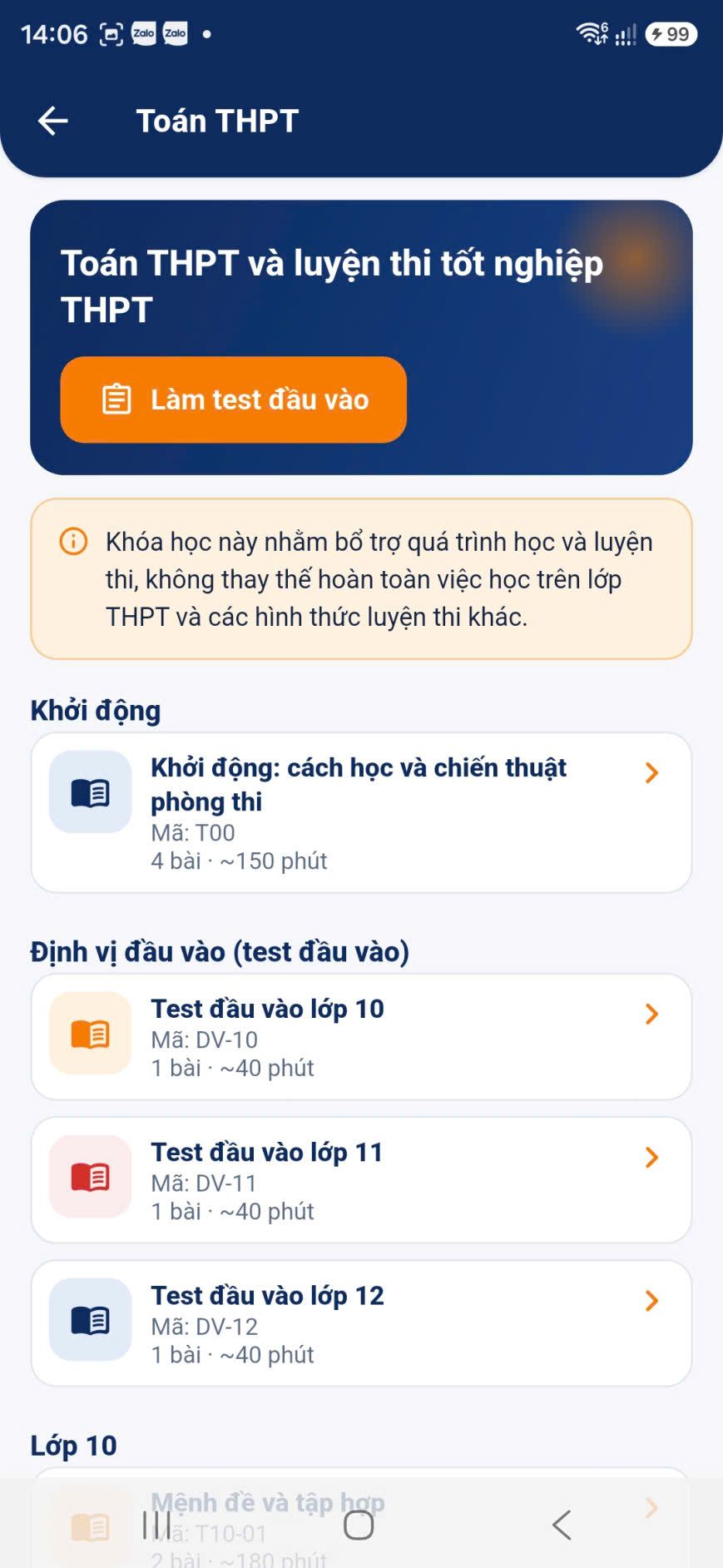 Màn hình khóa Toán THPT với test đầu vào và các học phần