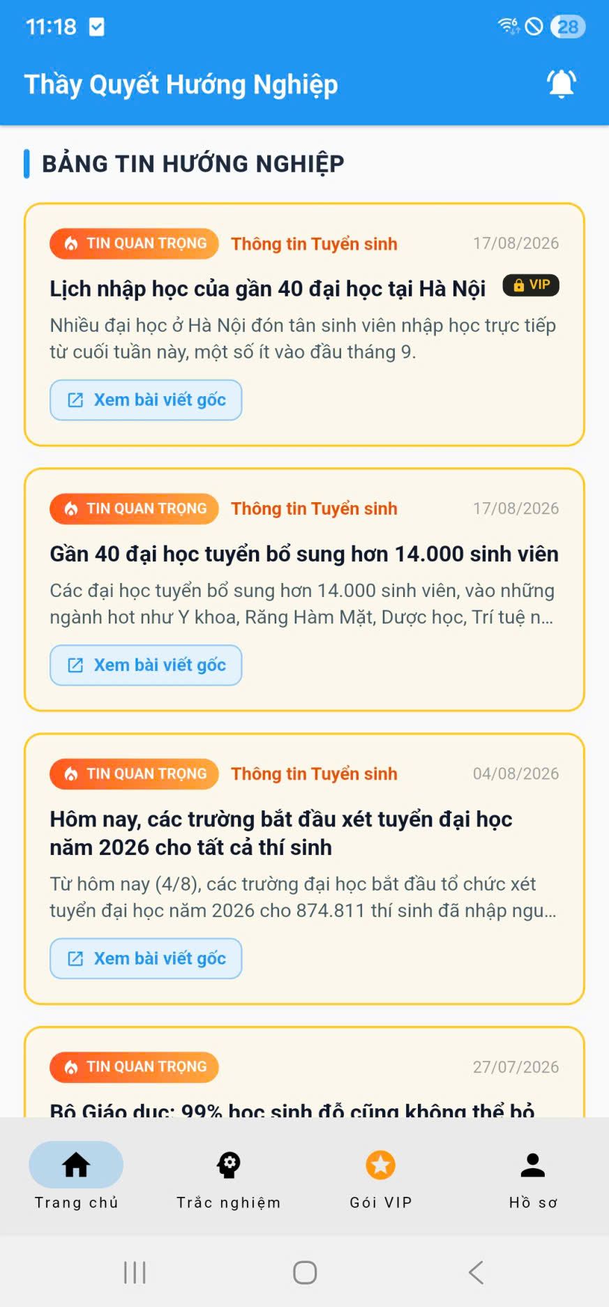Trang chủ App với Bảng tin Hướng nghiệp