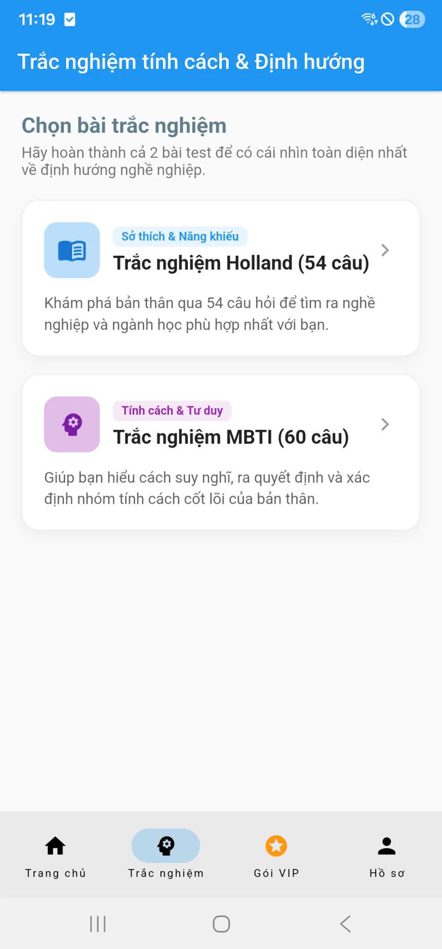 Tab Trắc nghiệm với hai bài Holland và MBTI