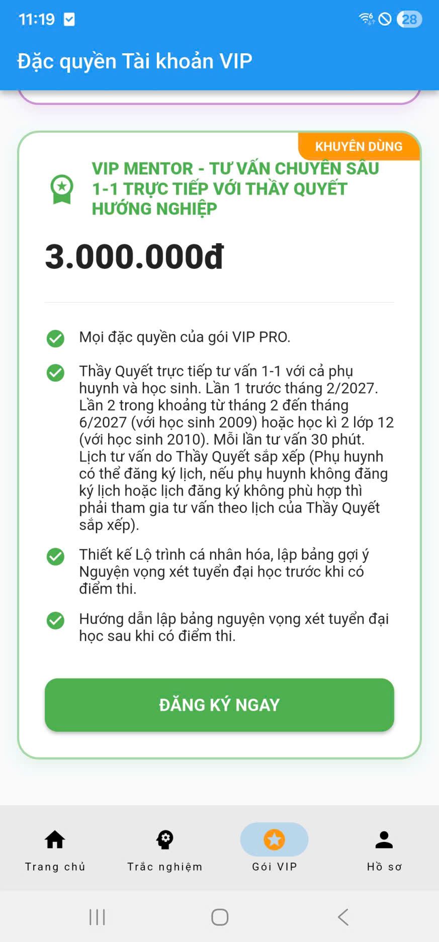 Tab Gói VIP với gói VIP MENTOR và nút Đăng ký ngay