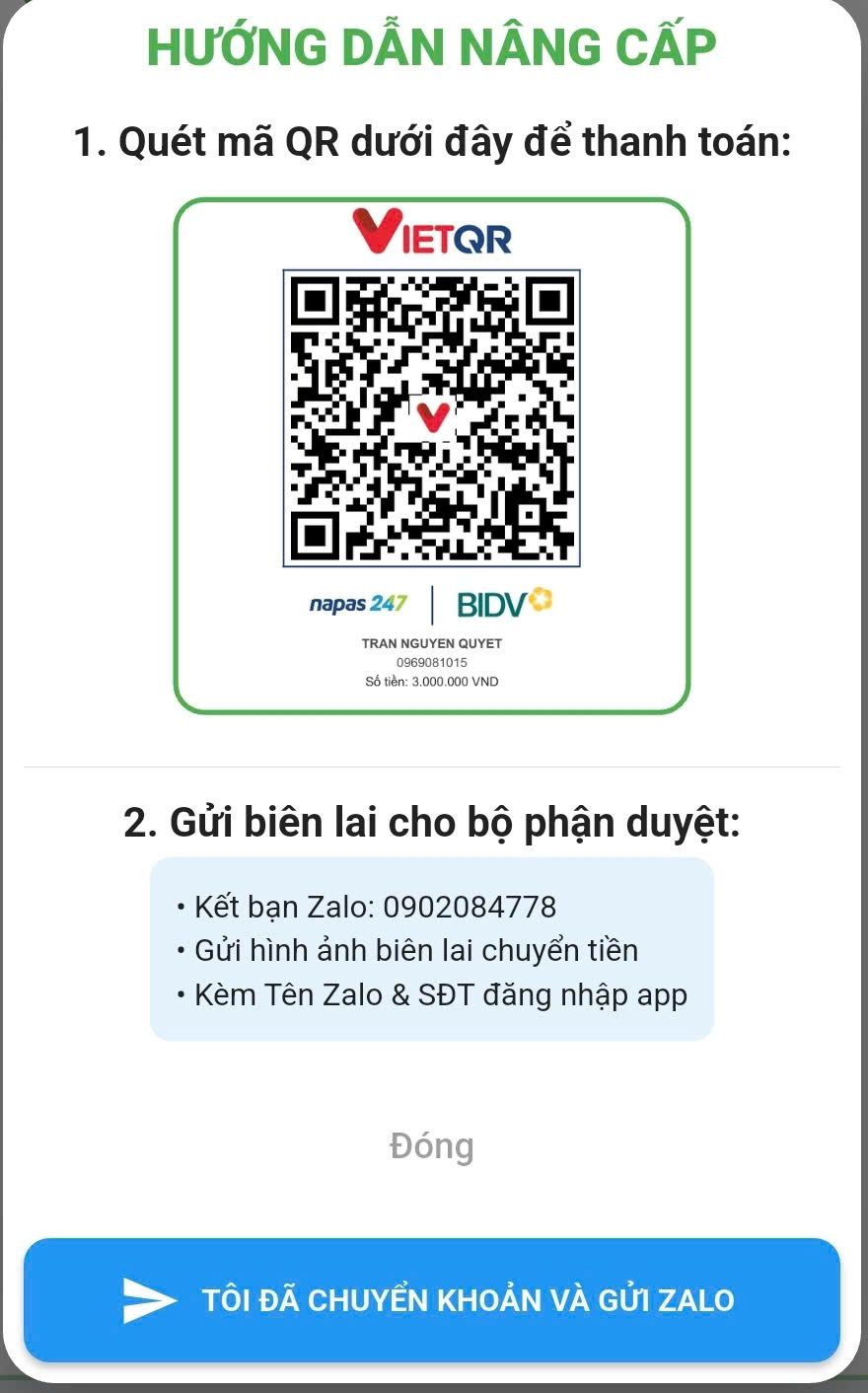 Cửa sổ Hướng dẫn nâng cấp: quét mã QR thanh toán và gửi biên lai qua Zalo