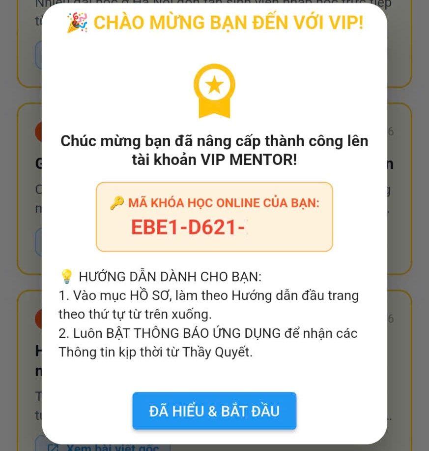 Thông báo chào mừng nâng cấp VIP thành công kèm Mã khóa học Online