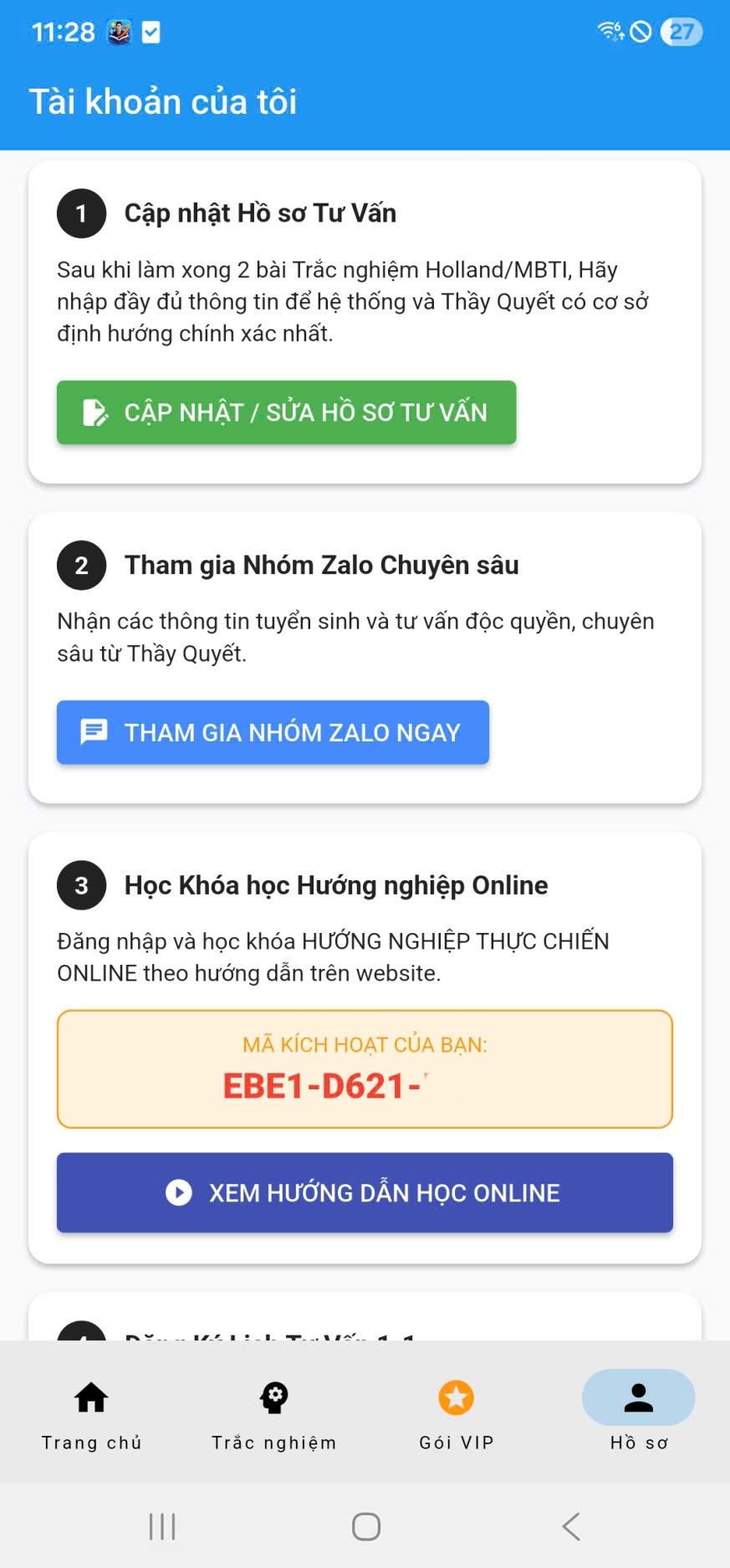 Tab Hồ sơ với các nhiệm vụ: cập nhật hồ sơ tư vấn, tham gia nhóm Zalo, học khóa học online