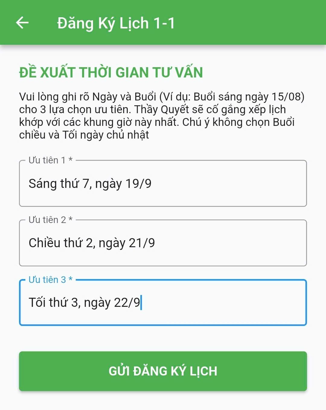 Màn hình nhập 3 khung giờ ưu tiên và nút Gửi đăng ký lịch