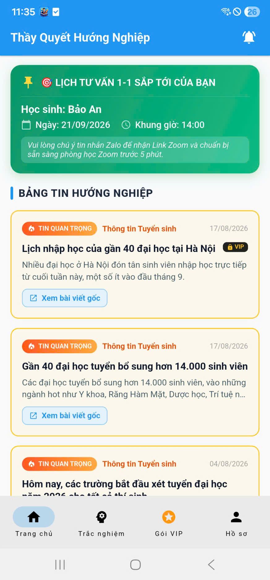 Thẻ Lịch tư vấn 1-1 sắp tới ghim đầu Trang chủ App