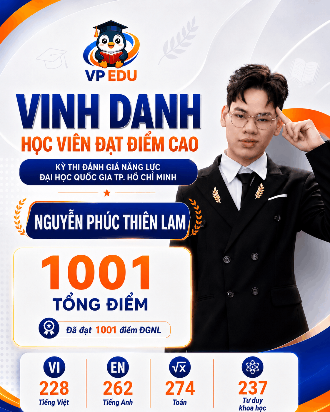 Thành tích học viên Nguyễn Phúc Thiên Lâm đạt 1001 điểm ĐGNL ĐHQG TP. Hồ Chí Minh