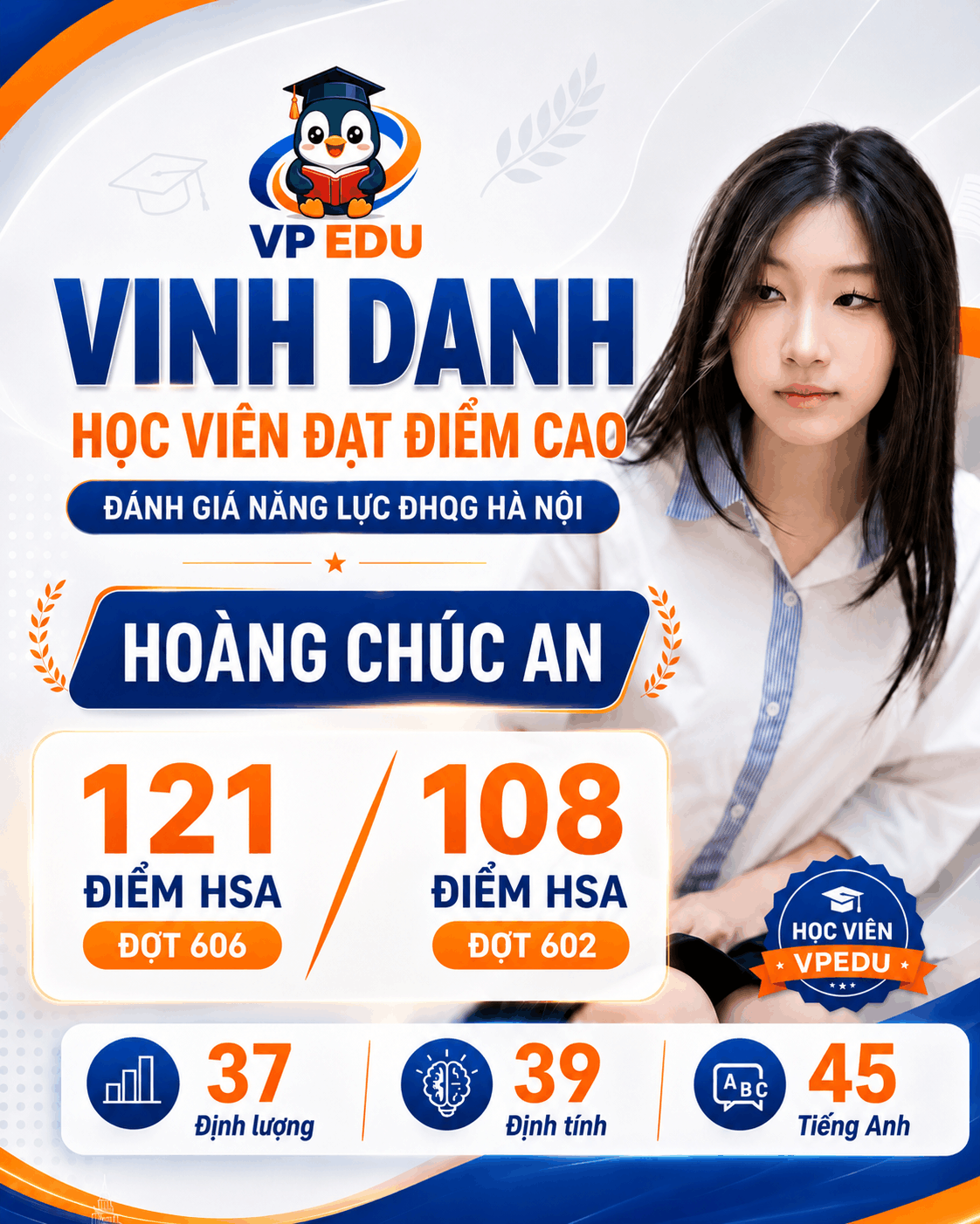 Thành tích học viên Hoàng Chúc An đạt 121 điểm HSA