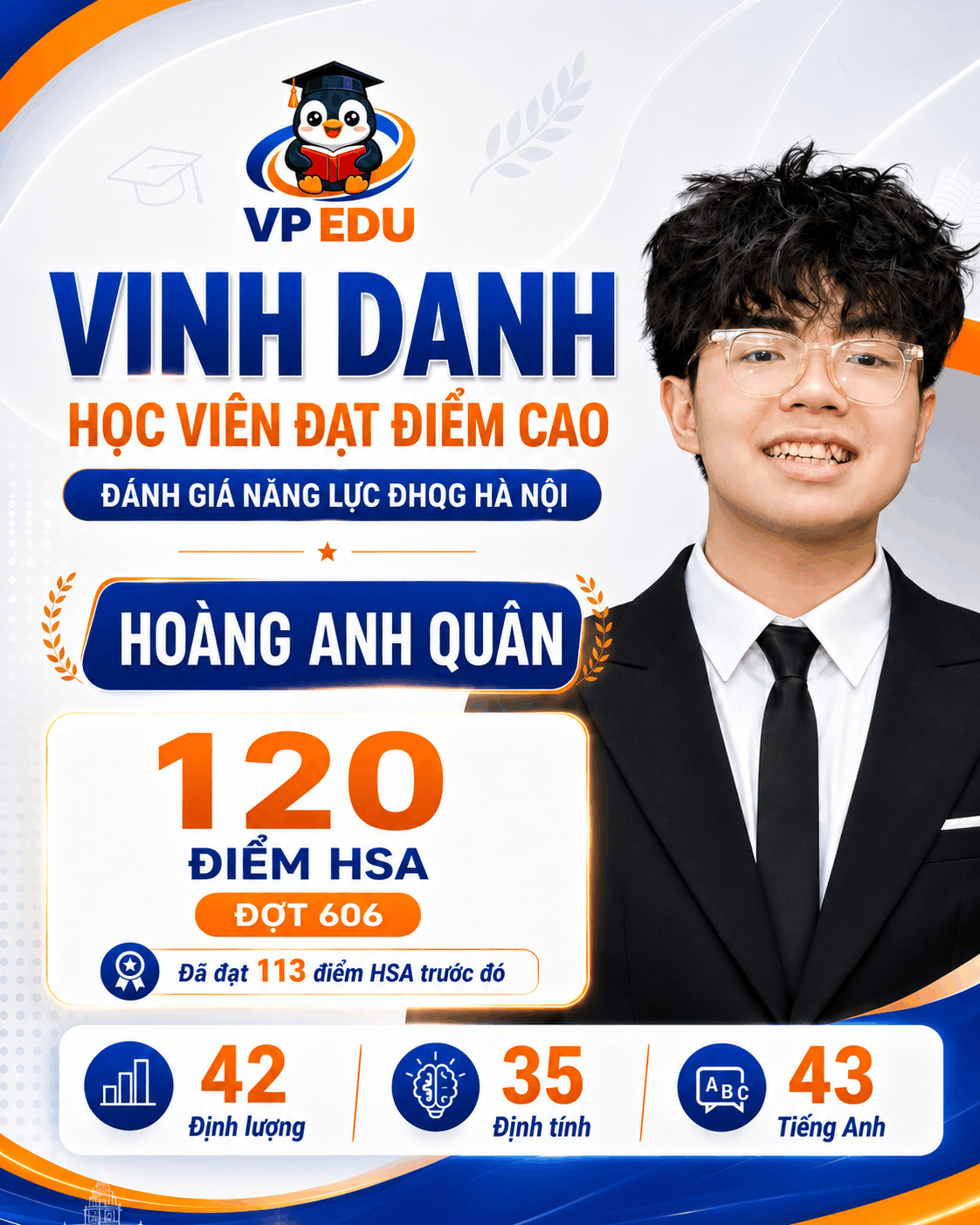 Thành tích học viên Hoàng Anh Quân đạt 120 điểm HSA