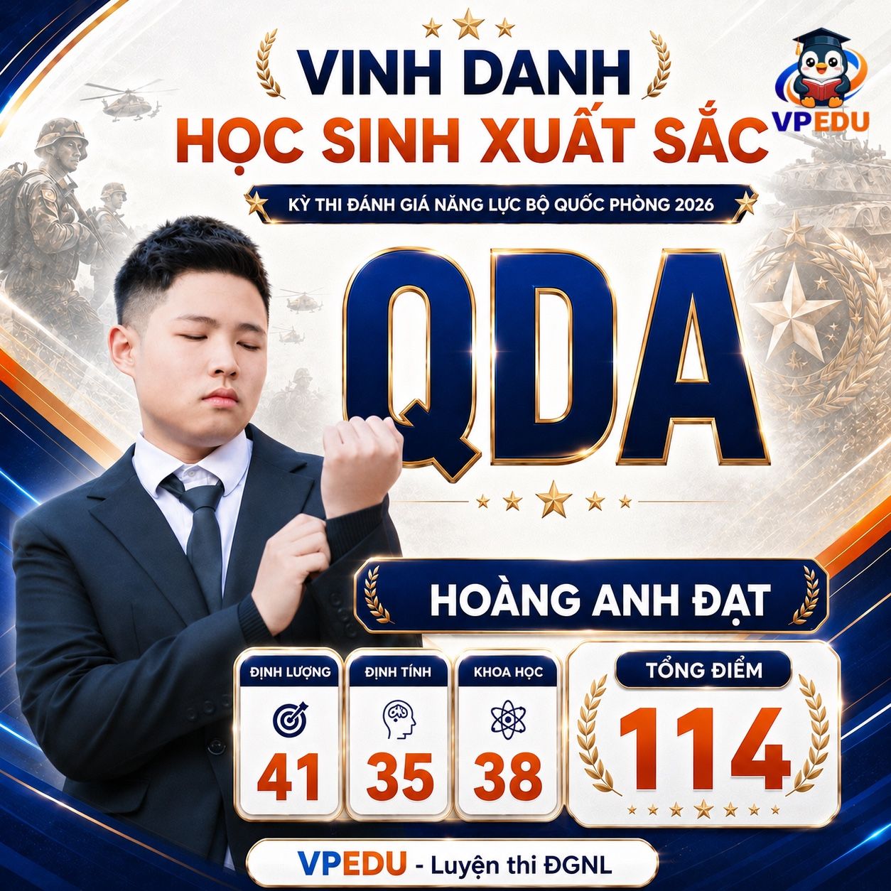 Thành tích học viên Hoàng Anh Đạt kỳ thi ĐGNL QDA