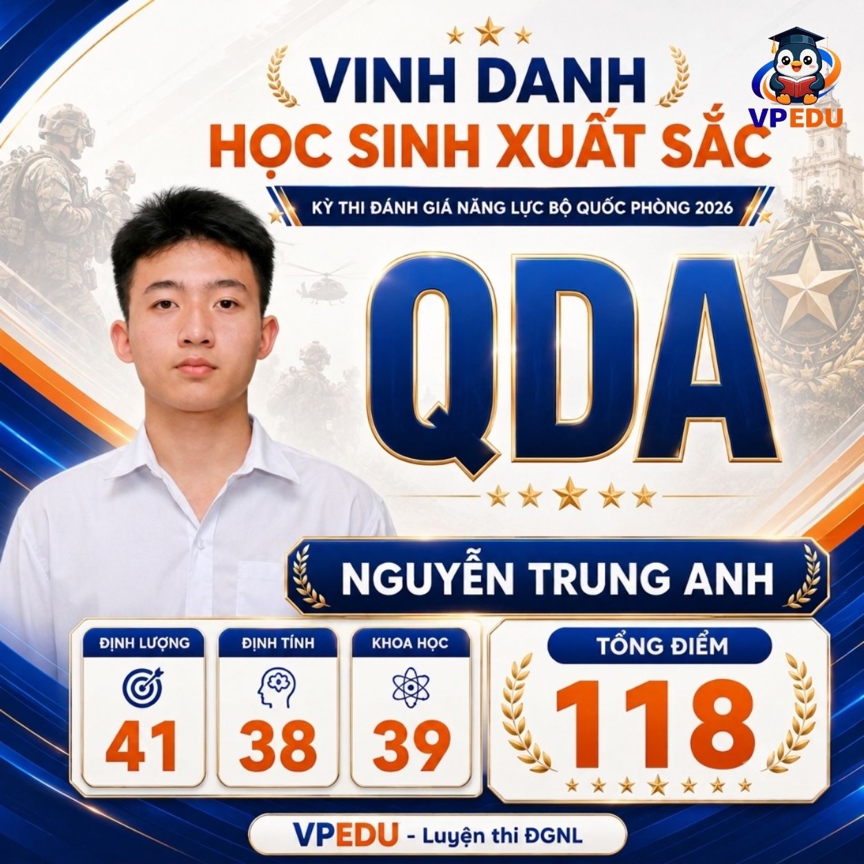 Thành tích học viên Nguyễn Trung Anh kỳ thi ĐGNL QDA