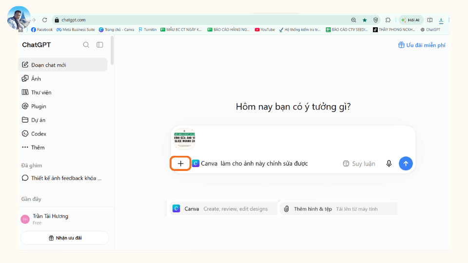 Bạn click dấu +, click canva & tải lên ảnh muốn chỉnh sửa
