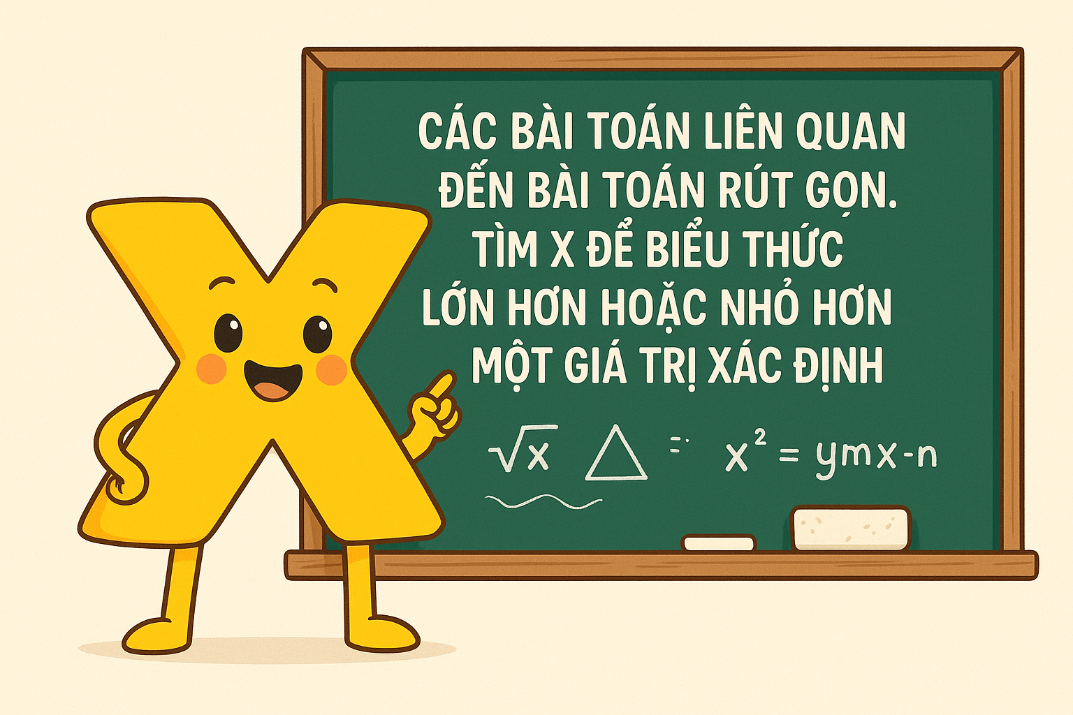 Chương III. Chuyên đề:Các bài toán liên quan đến bài toán rút gọn. Tìm x để biểu thức lớn hơn hoặc nhỏ hơn một giá trị xác định.  - 10 bài học